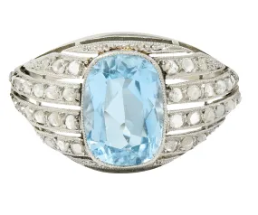 1920's Art Deco Aquamarine Diamond Platinum Bombe Band Ring