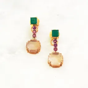 Green Agate Stud Earrings with Rhodolite Garnet and Rutilated Quartz