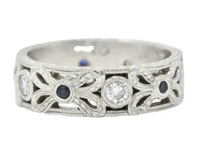 Mid-Century Diamond Sapphire Platinum Bow Wheat Band Ring